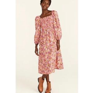 J. Crew | Pink and Orange Smocked Puff-Sleeve Midi Dress in Faded Floral
